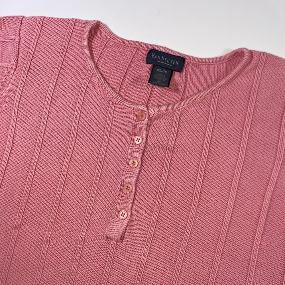 Van Heusen Womenā Pink Ribbed Henley Short Sleeve Ramie Cotton Knit Top Size M